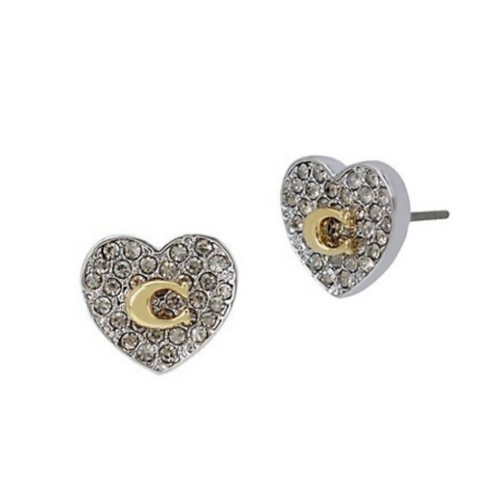 🩶▪️Coach ▪️Heart Earrings Two-Tone Pave Rhinestone w/ Signature C. - Picture 1 of 5